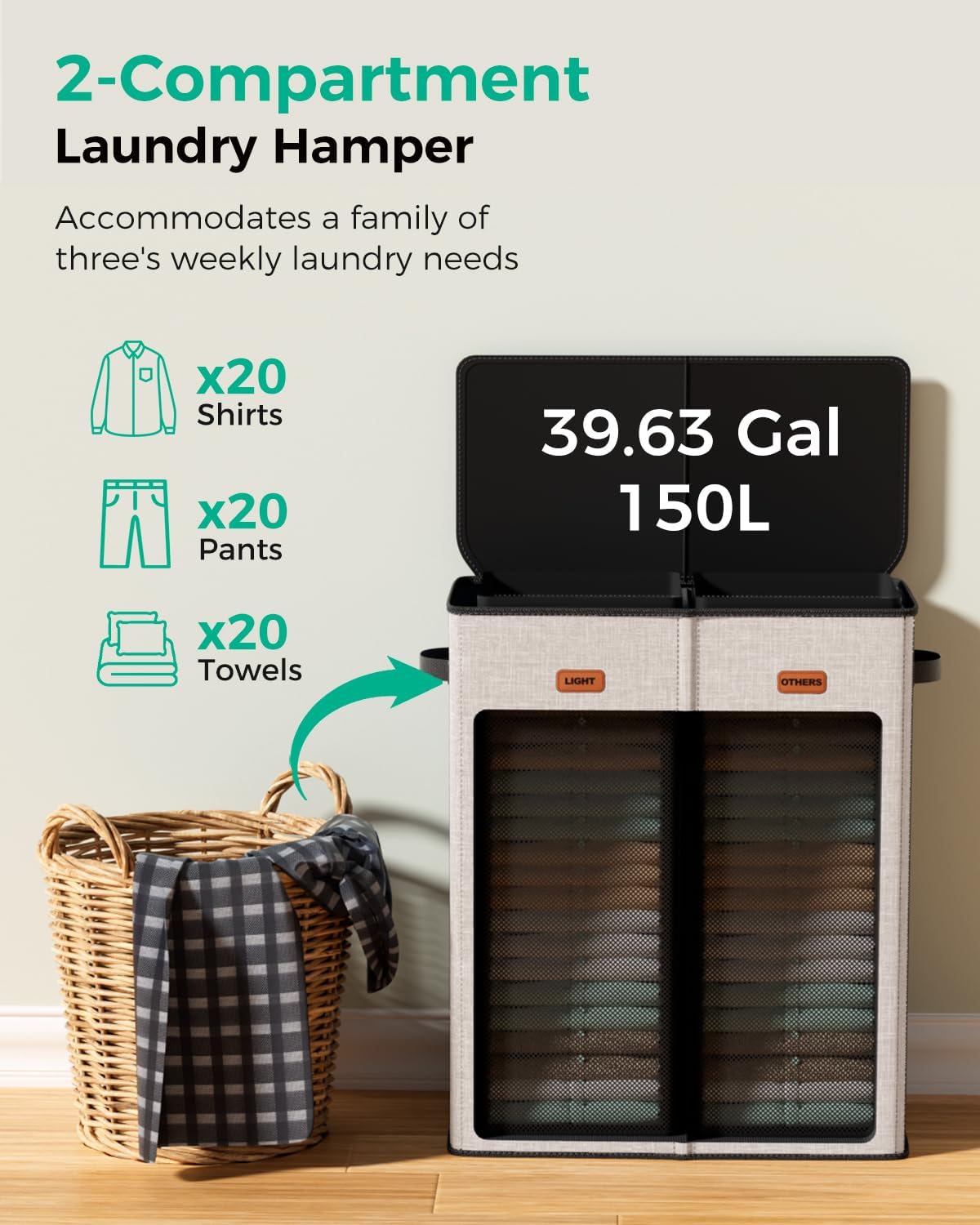 150L Double Laundry Hamper with Lid – 2-Section Clothes Hamper with Removable Bag for Bathroom, Bedroom, Laundry Room & Dorm