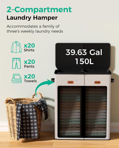 150L Double Laundry Hamper with Lid – 2-Section Clothes Hamper with Removable Bag for Bathroom, Bedroom, Laundry Room & Dorm