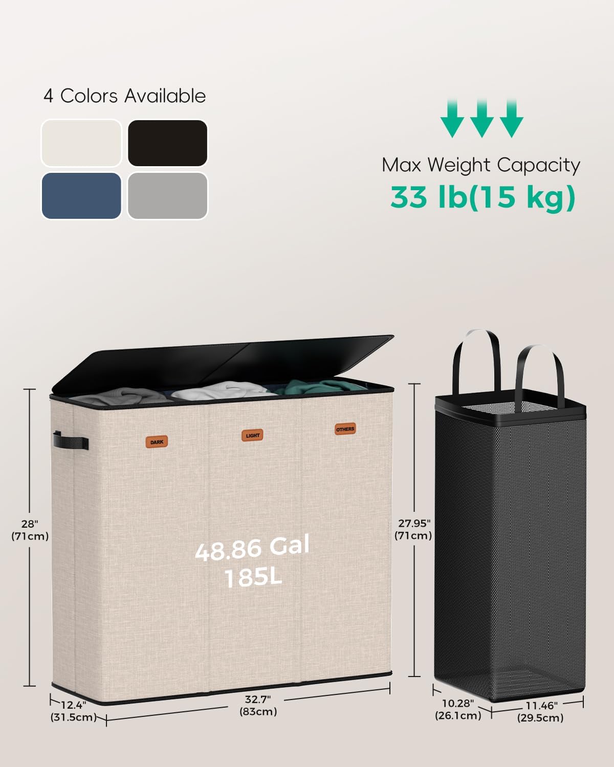 150L Double Laundry Hamper with Lid – 2-Section Clothes Hamper with Removable Bag for Bathroom, Bedroom, Laundry Room & Dorm