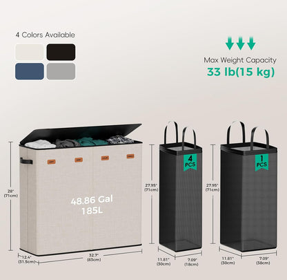 150L Double Laundry Hamper with Lid – 2-Section Clothes Hamper with Removable Bag for Bathroom, Bedroom, Laundry Room & Dorm