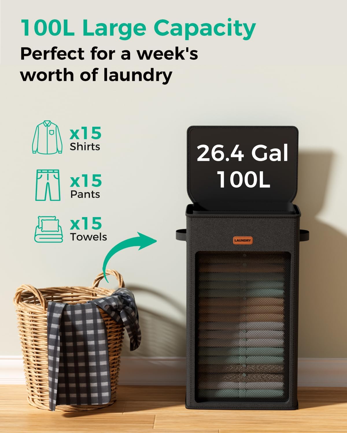 150L Double Laundry Hamper with Lid – 2-Section Clothes Hamper with Removable Bag for Bathroom, Bedroom, Laundry Room & Dorm