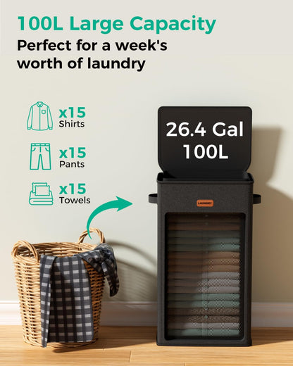 150L Double Laundry Hamper with Lid – 2-Section Clothes Hamper with Removable Bag for Bathroom, Bedroom, Laundry Room & Dorm