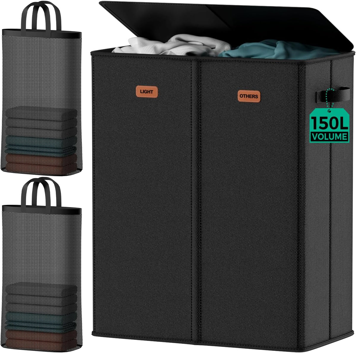 150L Double Laundry Hamper with Lid – 2-Section Clothes Hamper with Removable Bag for Bathroom, Bedroom, Laundry Room & Dorm
