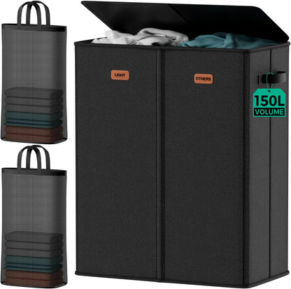 150L Double Laundry Hamper with Lid – 2-Section Clothes Hamper with Removable Bag for Bathroom, Bedroom, Laundry Room & Dorm