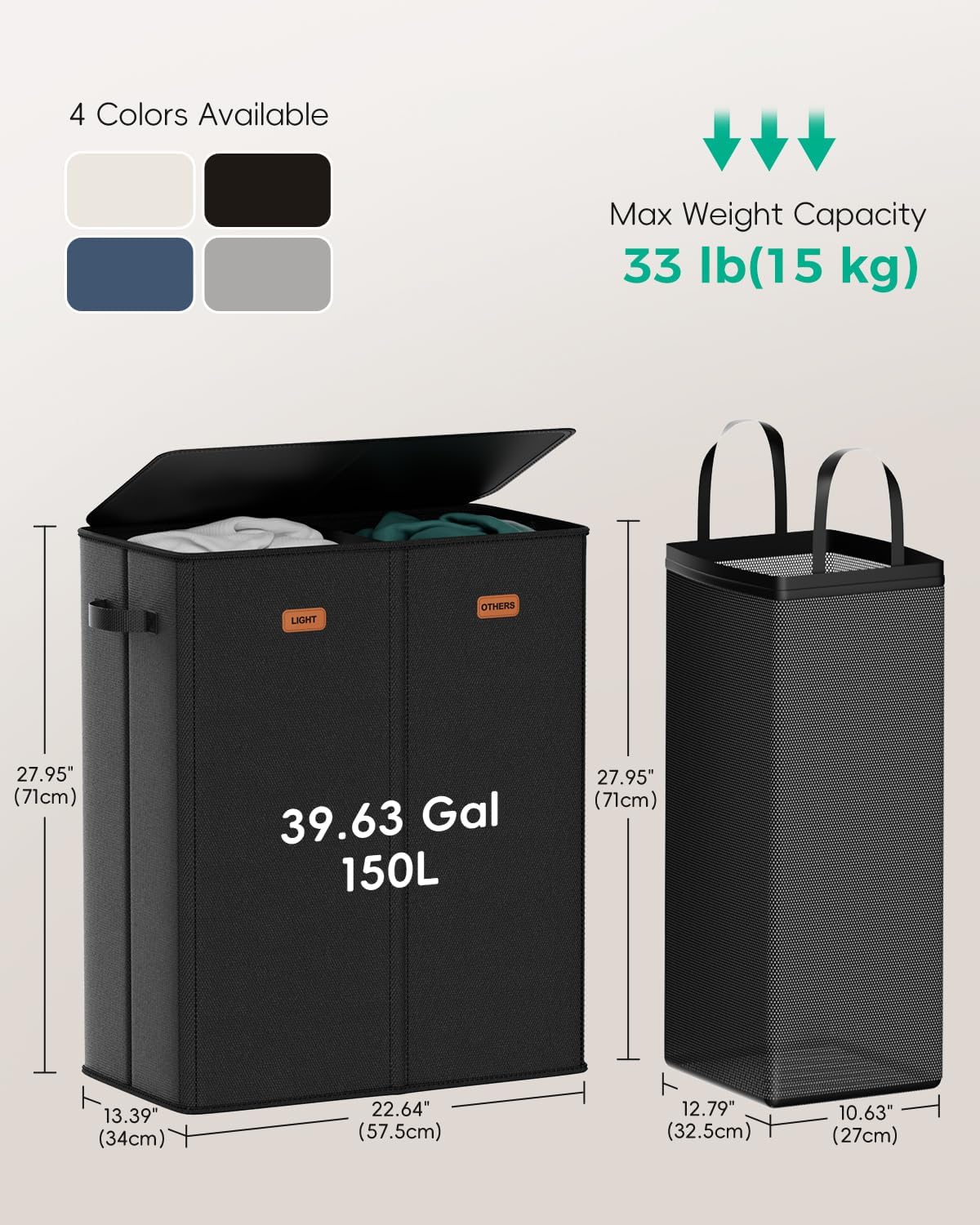 150L Double Laundry Hamper with Lid – 2-Section Clothes Hamper with Removable Bag for Bathroom, Bedroom, Laundry Room & Dorm