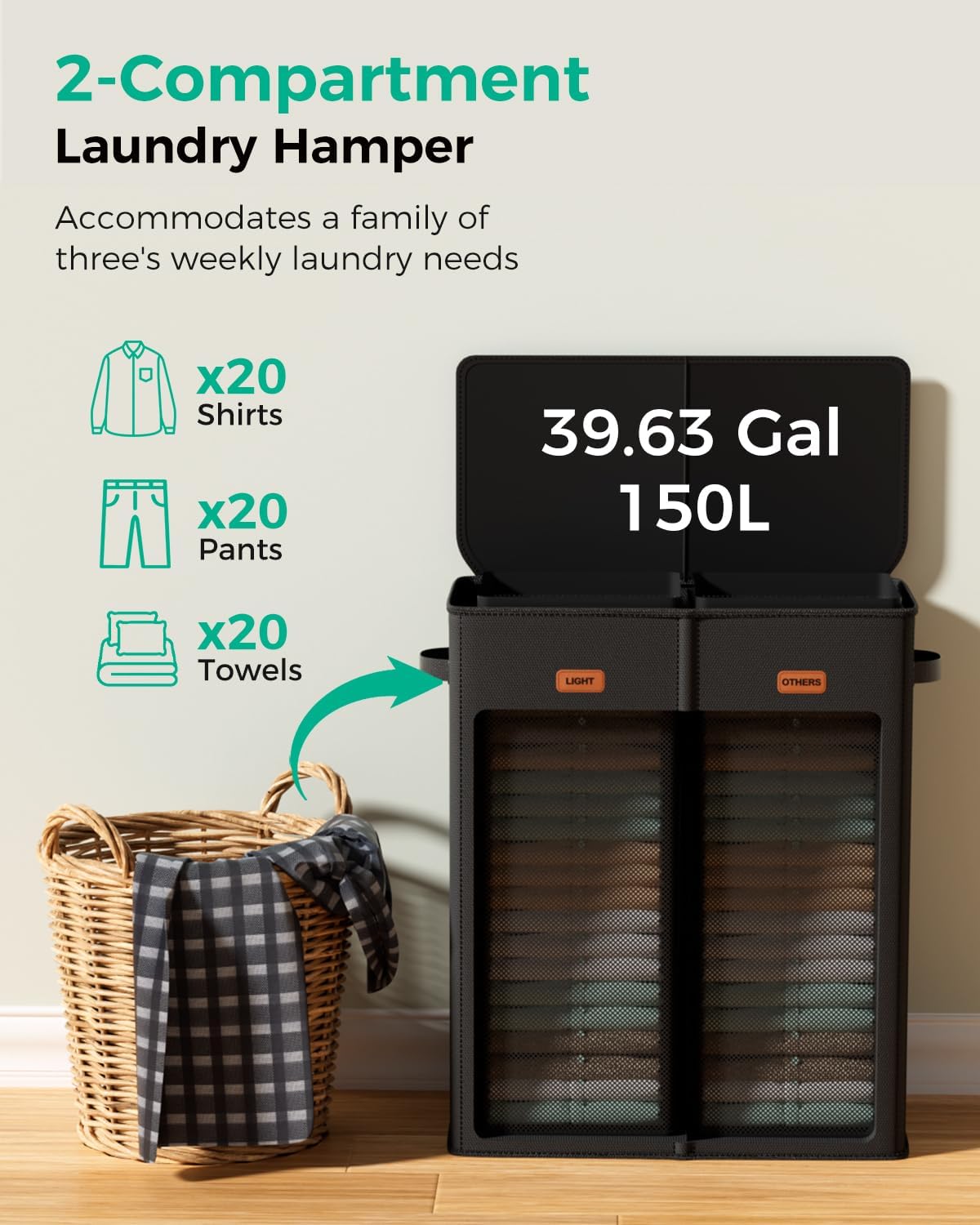 150L Double Laundry Hamper with Lid – 2-Section Clothes Hamper with Removable Bag for Bathroom, Bedroom, Laundry Room & Dorm