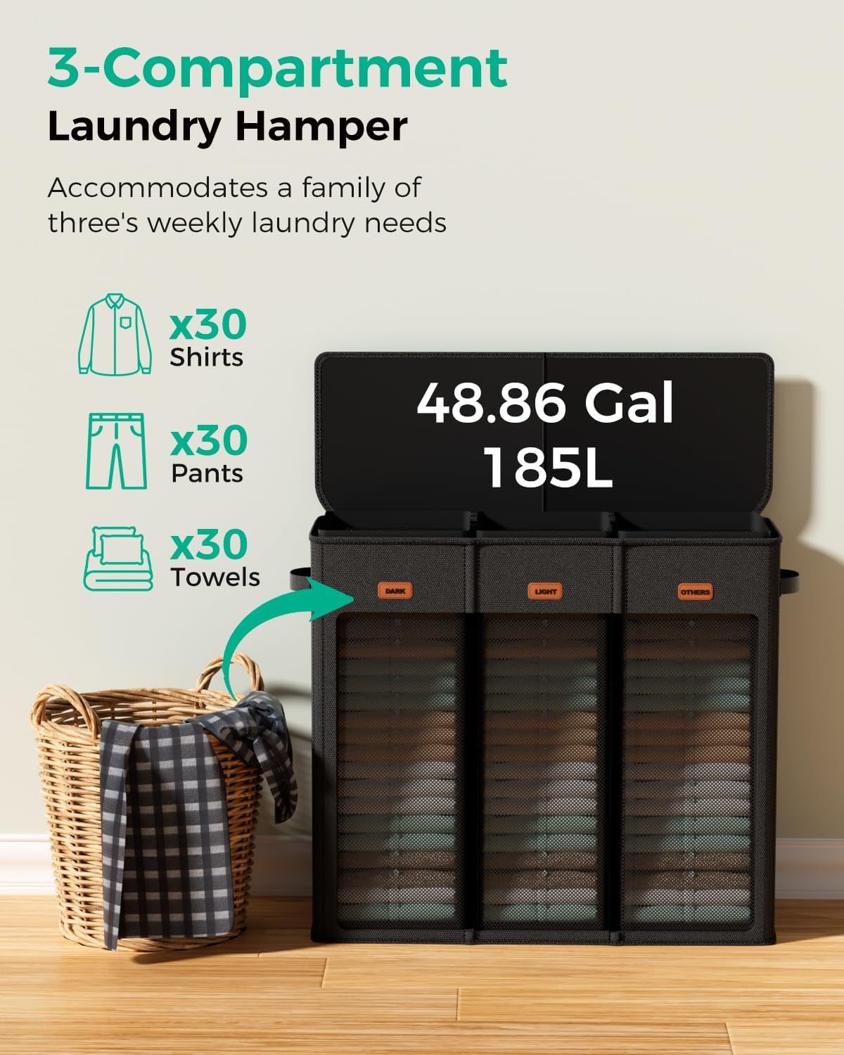 150L Double Laundry Hamper with Lid – 2-Section Clothes Hamper with Removable Bag for Bathroom, Bedroom, Laundry Room & Dorm