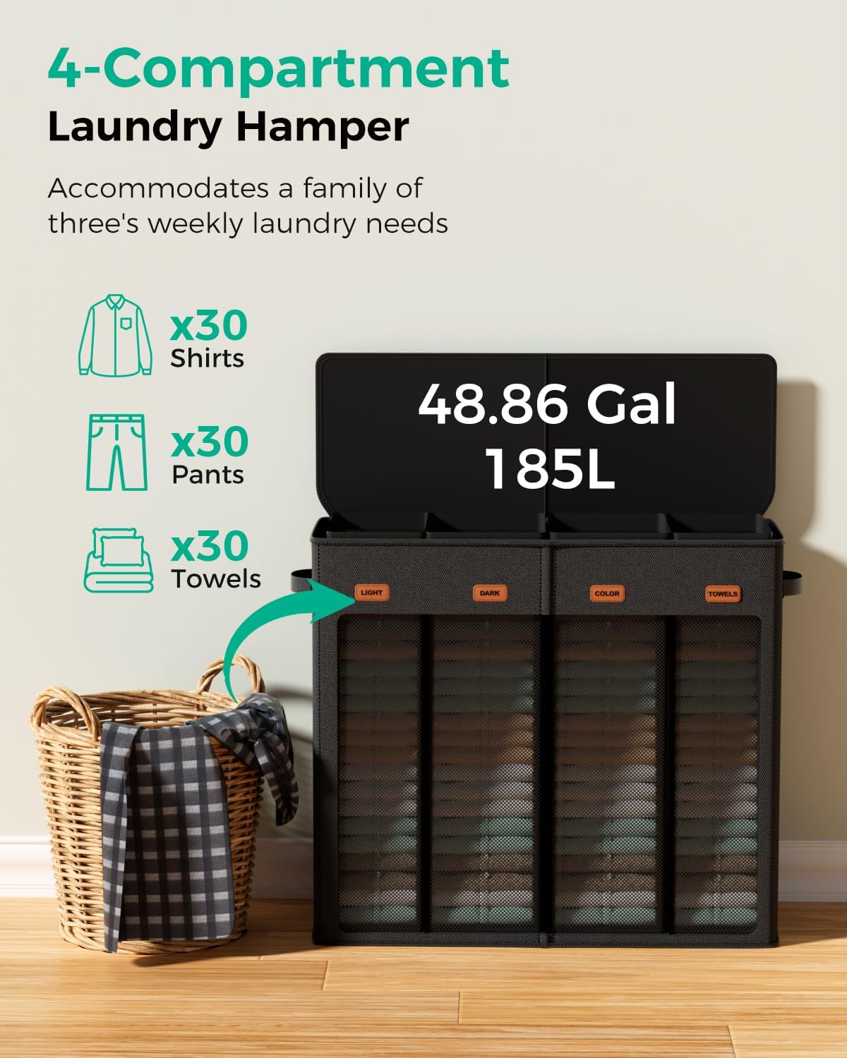 150L Double Laundry Hamper with Lid – 2-Section Clothes Hamper with Removable Bag for Bathroom, Bedroom, Laundry Room & Dorm