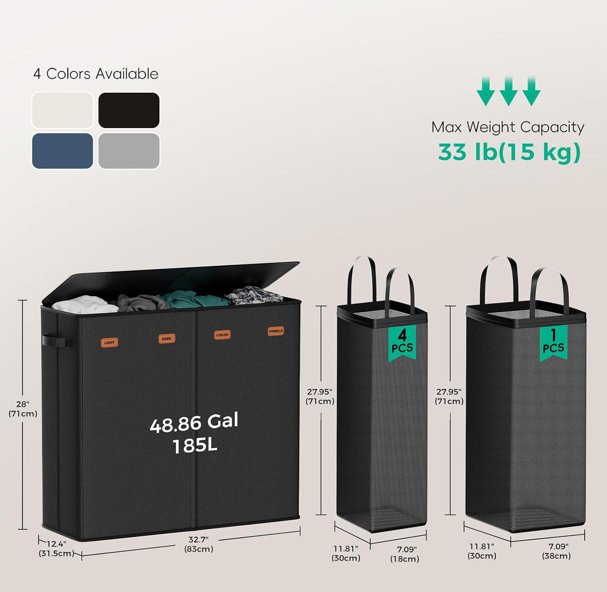 150L Double Laundry Hamper with Lid – 2-Section Clothes Hamper with Removable Bag for Bathroom, Bedroom, Laundry Room & Dorm