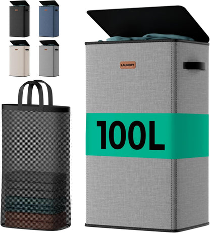 150L Double Laundry Hamper with Lid – 2-Section Clothes Hamper with Removable Bag for Bathroom, Bedroom, Laundry Room & Dorm