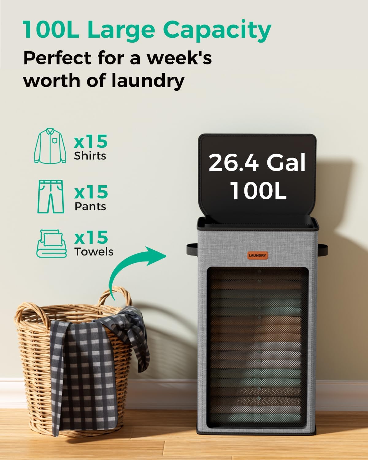 150L Double Laundry Hamper with Lid – 2-Section Clothes Hamper with Removable Bag for Bathroom, Bedroom, Laundry Room & Dorm