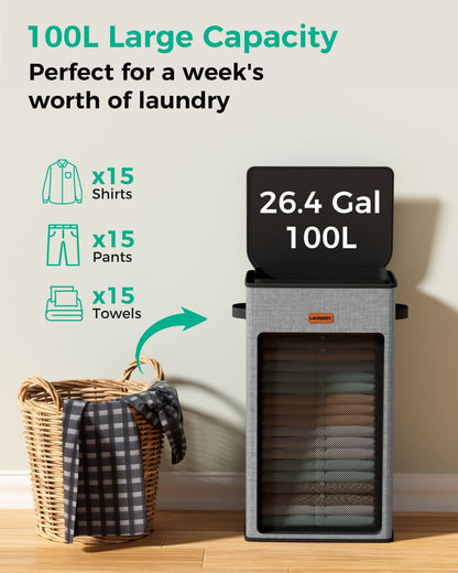 150L Double Laundry Hamper with Lid – 2-Section Clothes Hamper with Removable Bag for Bathroom, Bedroom, Laundry Room & Dorm