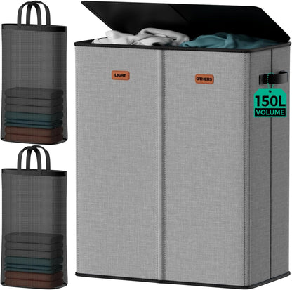 150L Double Laundry Hamper with Lid – 2-Section Clothes Hamper with Removable Bag for Bathroom, Bedroom, Laundry Room & Dorm