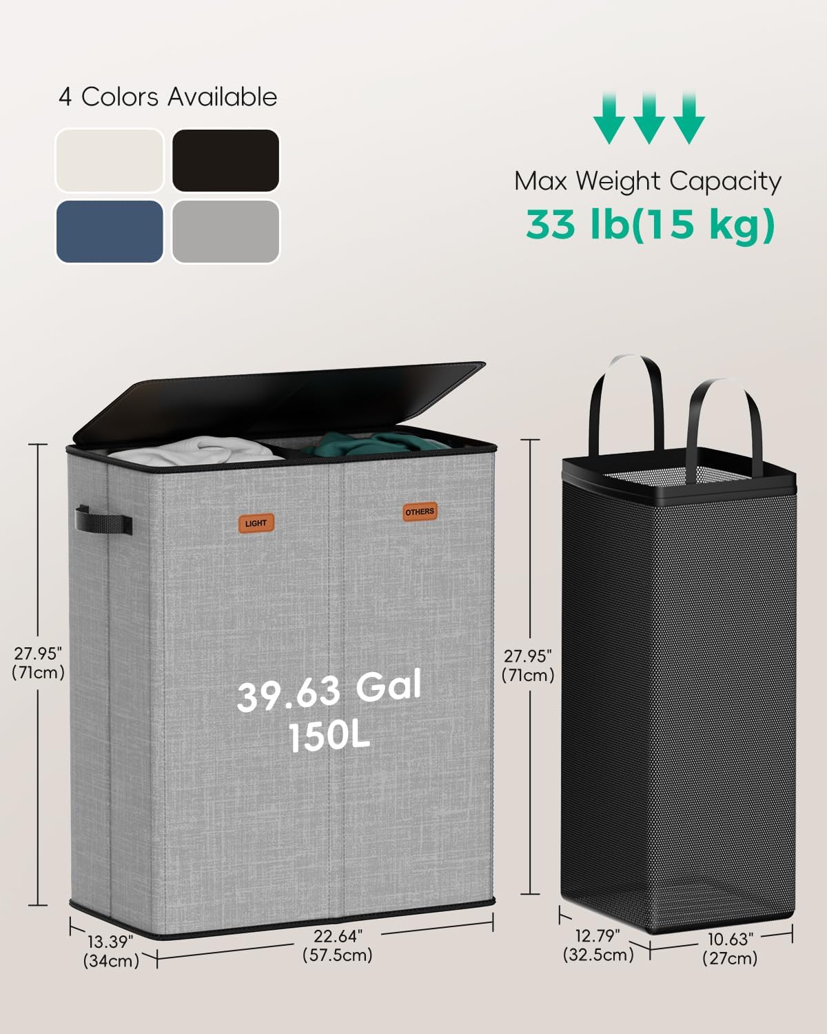 150L Double Laundry Hamper with Lid – 2-Section Clothes Hamper with Removable Bag for Bathroom, Bedroom, Laundry Room & Dorm