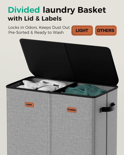 150L Double Laundry Hamper with Lid – 2-Section Clothes Hamper with Removable Bag for Bathroom, Bedroom, Laundry Room & Dorm