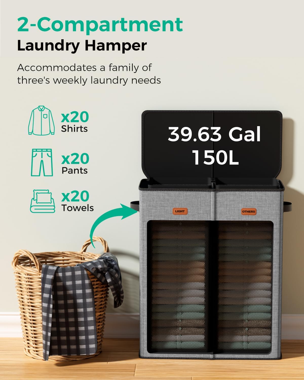 150L Double Laundry Hamper with Lid – 2-Section Clothes Hamper with Removable Bag for Bathroom, Bedroom, Laundry Room & Dorm