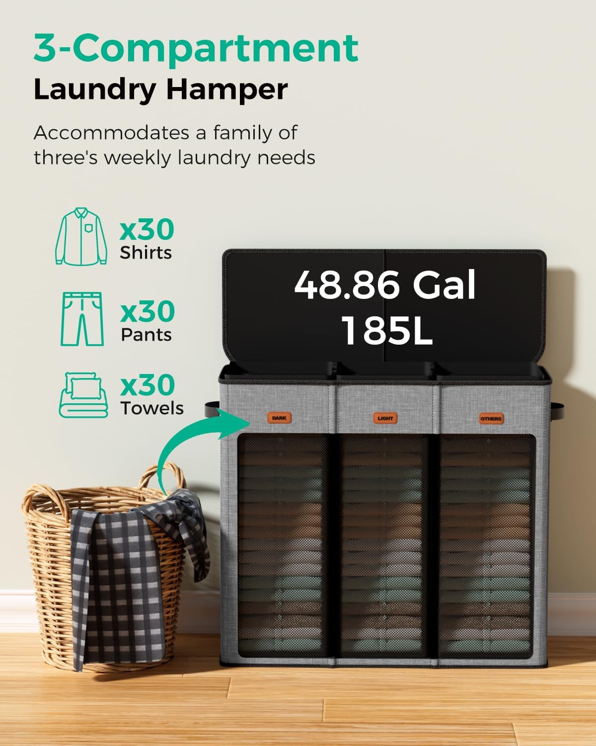 150L Double Laundry Hamper with Lid – 2-Section Clothes Hamper with Removable Bag for Bathroom, Bedroom, Laundry Room & Dorm
