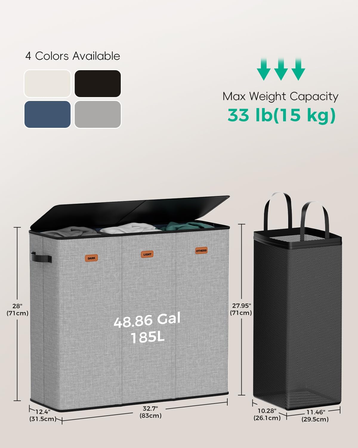 150L Double Laundry Hamper with Lid – 2-Section Clothes Hamper with Removable Bag for Bathroom, Bedroom, Laundry Room & Dorm