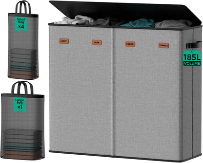 150L Double Laundry Hamper with Lid – 2-Section Clothes Hamper with Removable Bag for Bathroom, Bedroom, Laundry Room & Dorm