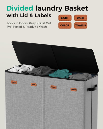 150L Double Laundry Hamper with Lid – 2-Section Clothes Hamper with Removable Bag for Bathroom, Bedroom, Laundry Room & Dorm
