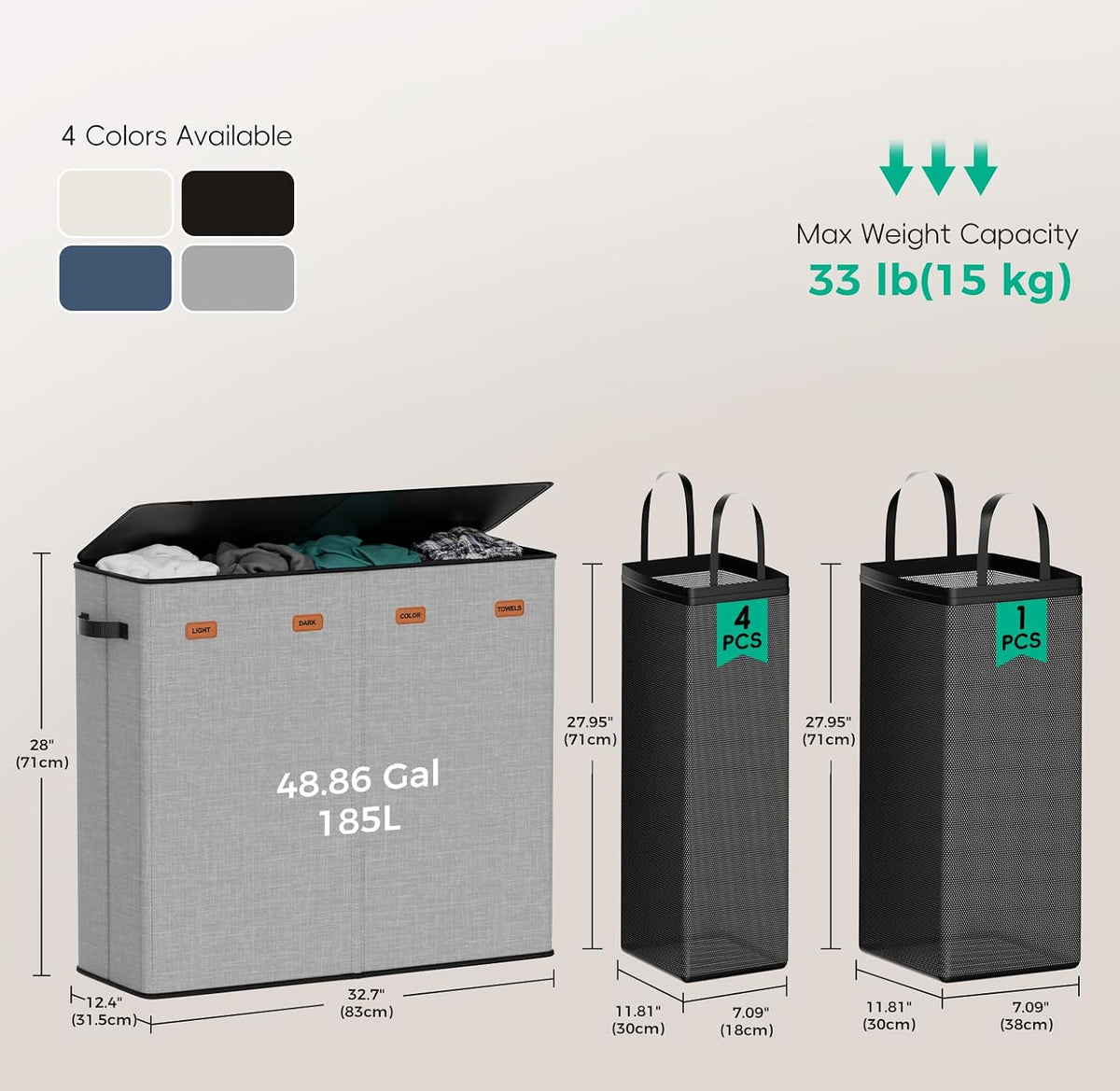 150L Double Laundry Hamper with Lid – 2-Section Clothes Hamper with Removable Bag for Bathroom, Bedroom, Laundry Room & Dorm