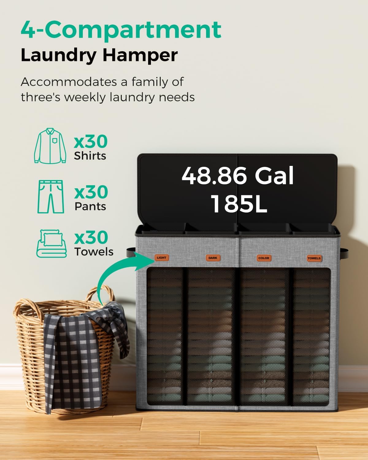 150L Double Laundry Hamper with Lid – 2-Section Clothes Hamper with Removable Bag for Bathroom, Bedroom, Laundry Room & Dorm