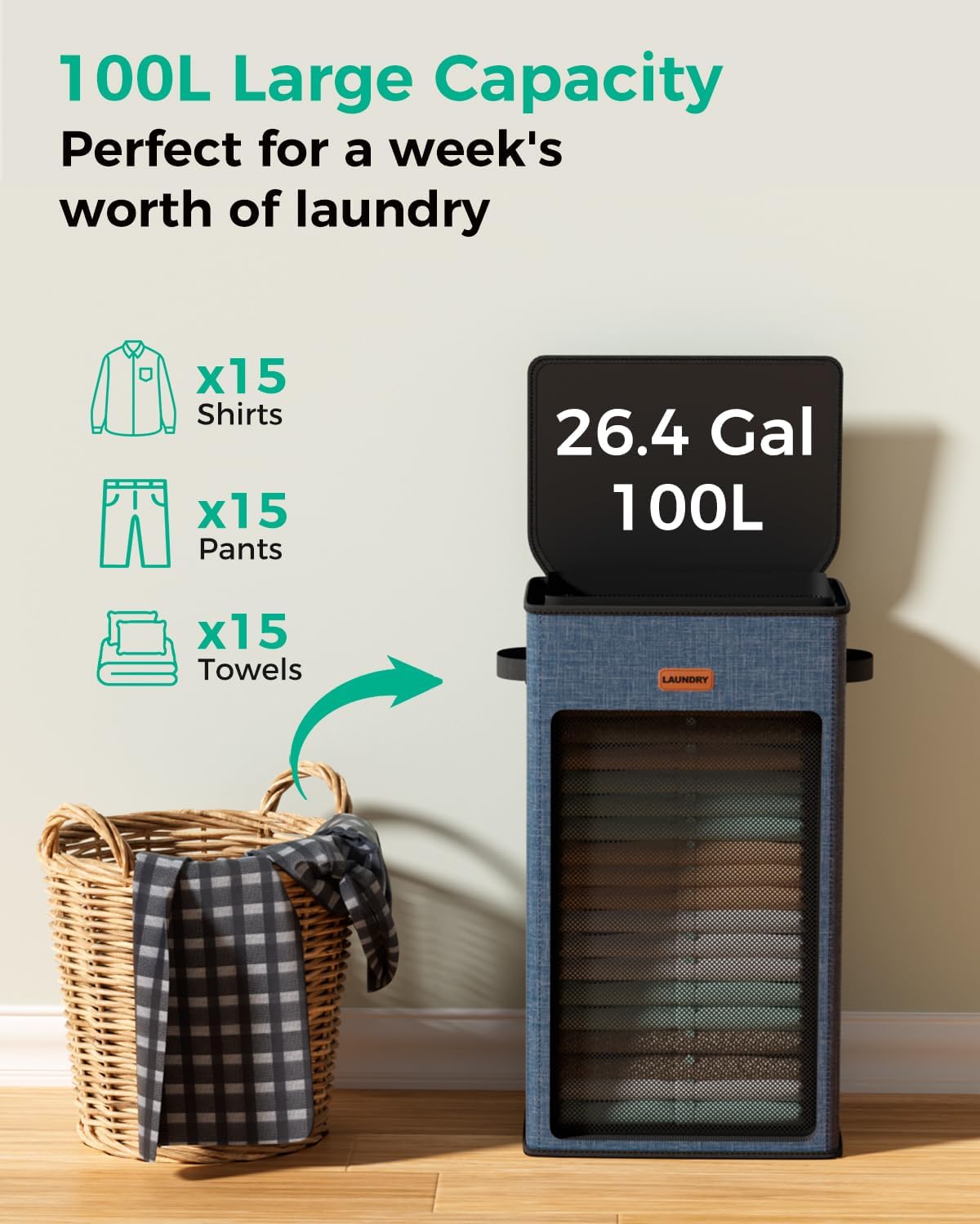 150L Double Laundry Hamper with Lid – 2-Section Clothes Hamper with Removable Bag for Bathroom, Bedroom, Laundry Room & Dorm