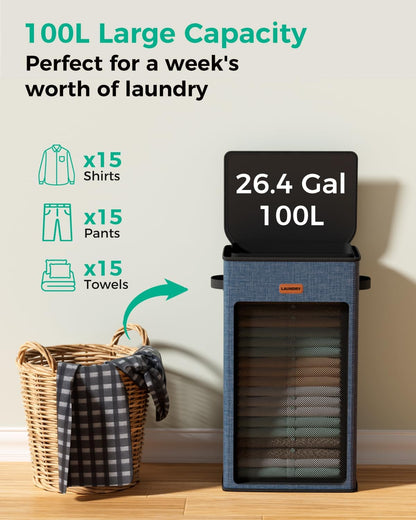 150L Double Laundry Hamper with Lid – 2-Section Clothes Hamper with Removable Bag for Bathroom, Bedroom, Laundry Room & Dorm
