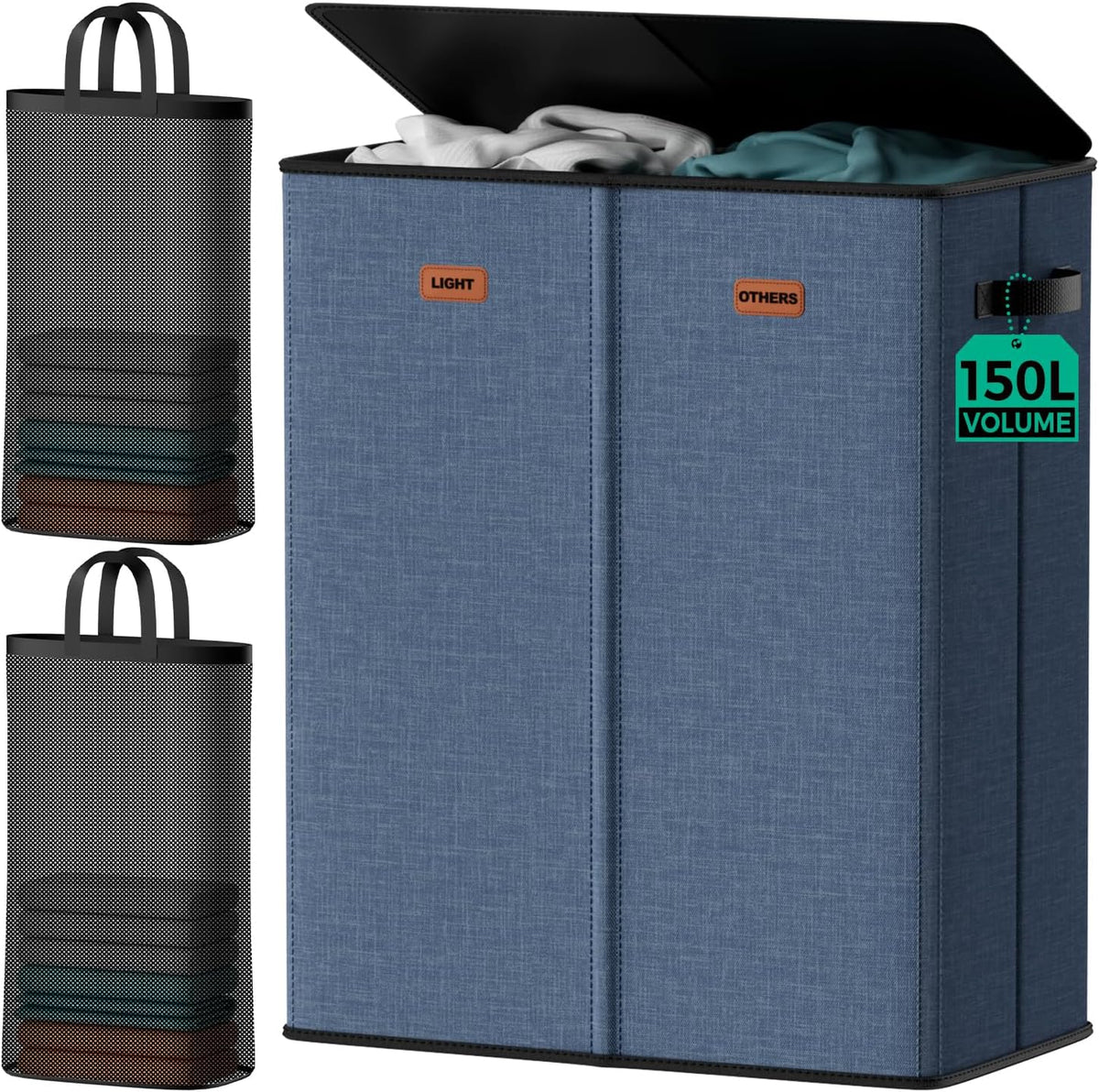 150L Double Laundry Hamper with Lid – 2-Section Clothes Hamper with Removable Bag for Bathroom, Bedroom, Laundry Room & Dorm