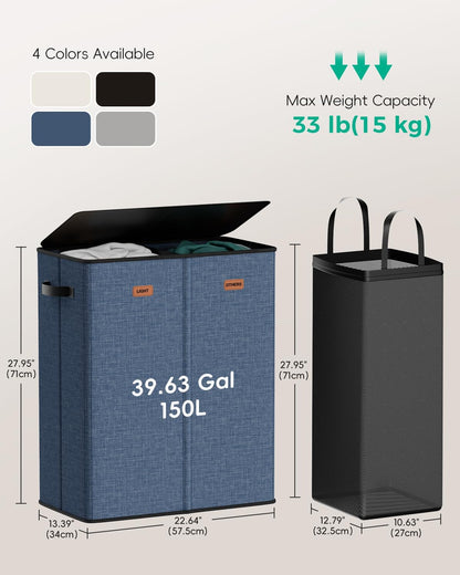 150L Double Laundry Hamper with Lid – 2-Section Clothes Hamper with Removable Bag for Bathroom, Bedroom, Laundry Room & Dorm