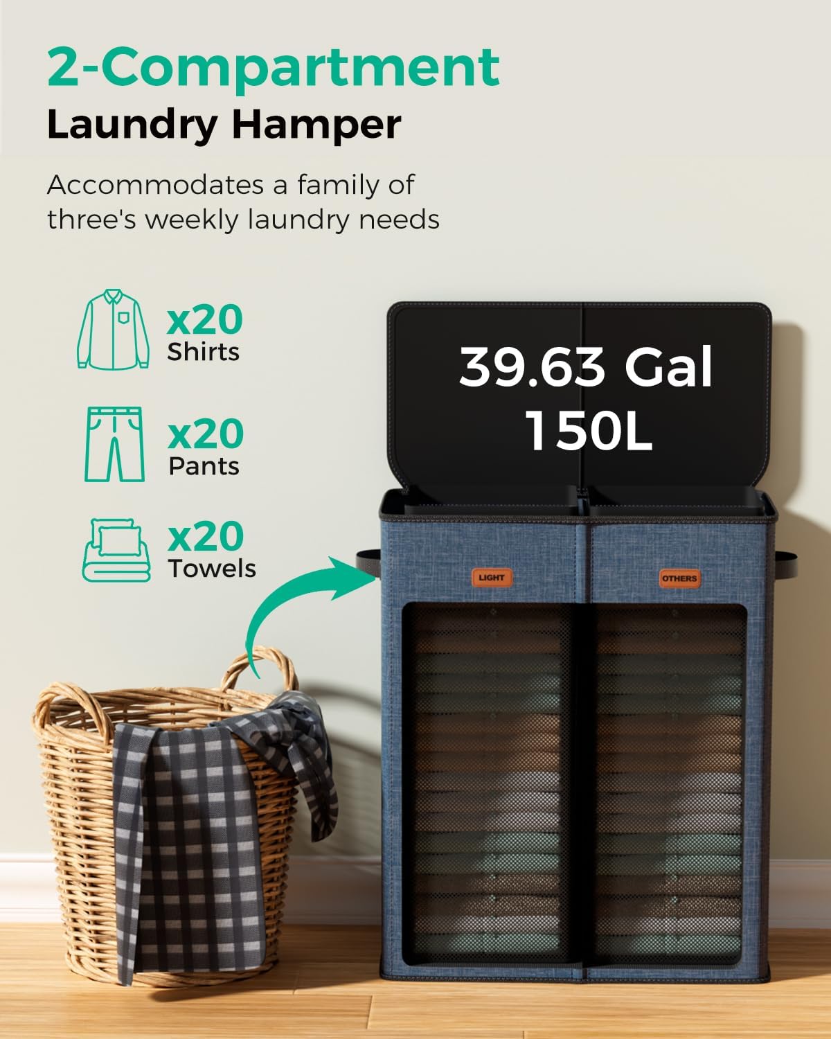 150L Double Laundry Hamper with Lid – 2-Section Clothes Hamper with Removable Bag for Bathroom, Bedroom, Laundry Room & Dorm