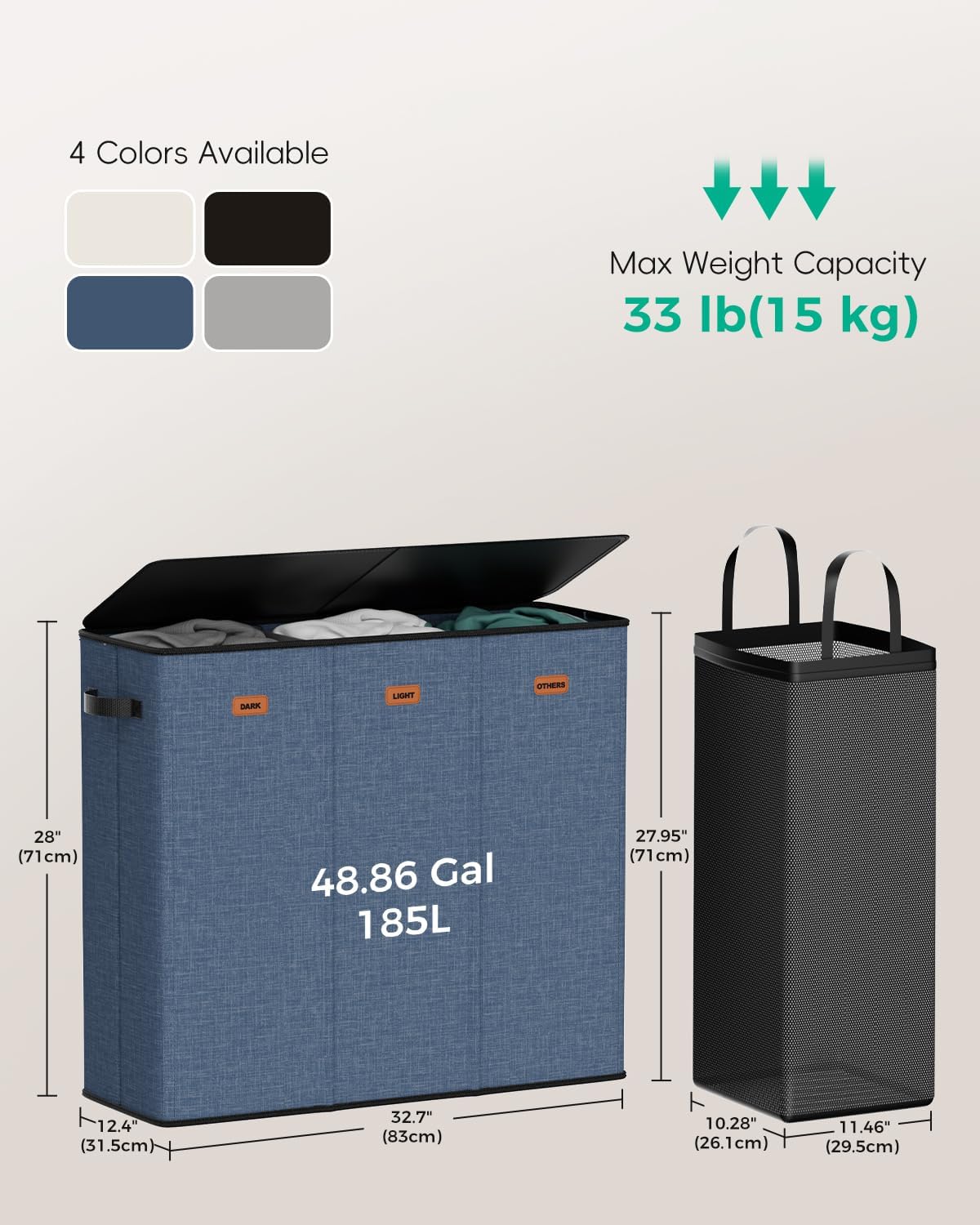 150L Double Laundry Hamper with Lid – 2-Section Clothes Hamper with Removable Bag for Bathroom, Bedroom, Laundry Room & Dorm