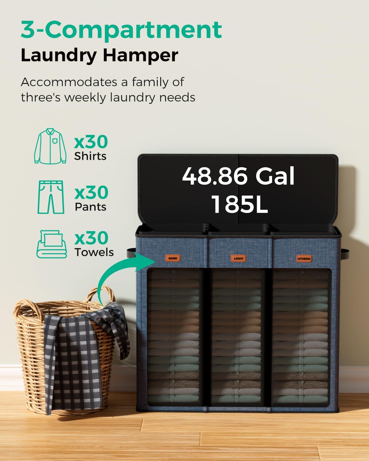 150L Double Laundry Hamper with Lid – 2-Section Clothes Hamper with Removable Bag for Bathroom, Bedroom, Laundry Room & Dorm