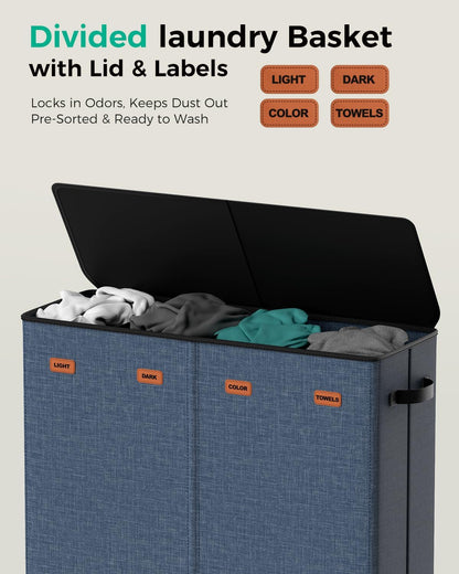 150L Double Laundry Hamper with Lid – 2-Section Clothes Hamper with Removable Bag for Bathroom, Bedroom, Laundry Room & Dorm