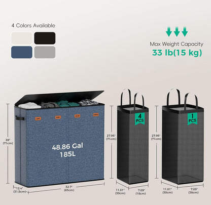 150L Double Laundry Hamper with Lid – 2-Section Clothes Hamper with Removable Bag for Bathroom, Bedroom, Laundry Room & Dorm