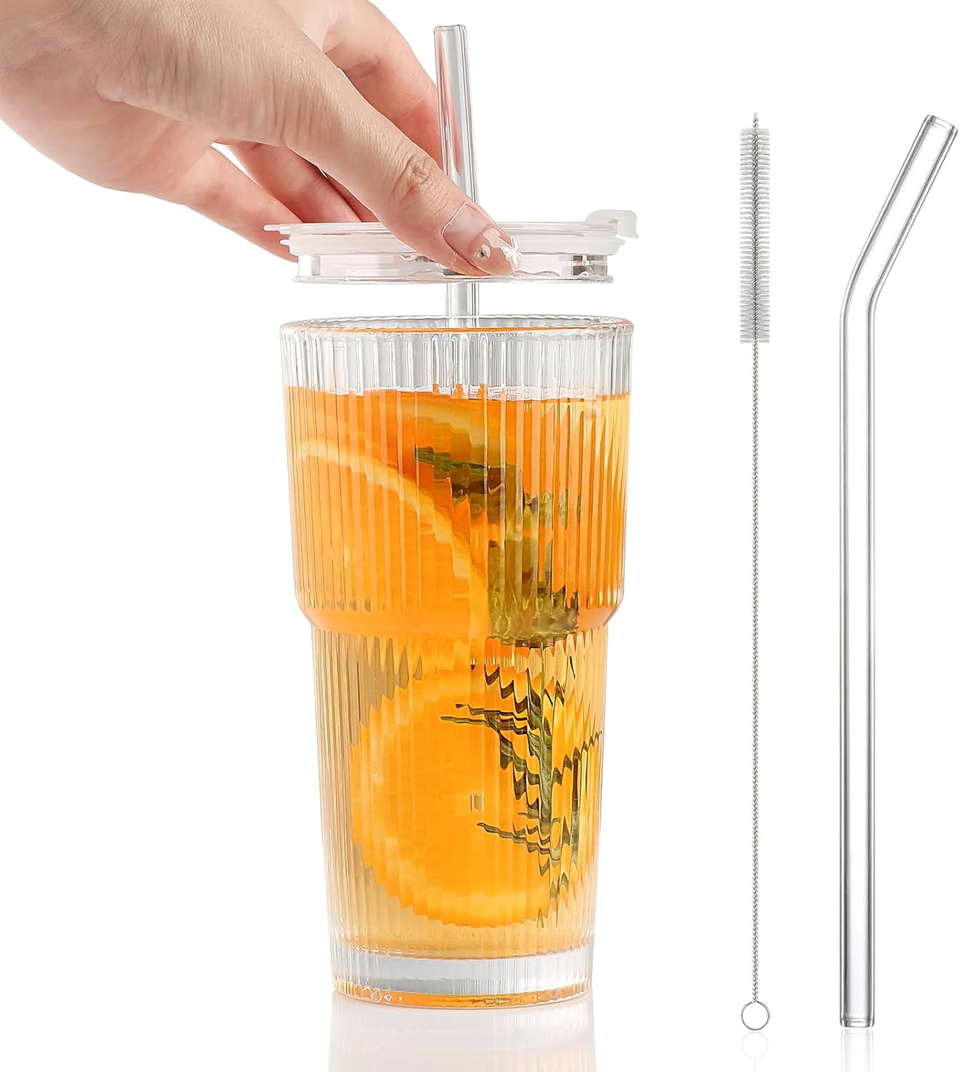 Glass Cups with Lids and Straws – 20oz Glass Tumbler with Straw and Lid, Reusable Iced Coffee Cup, Smoothie & Tea Glass, Ideal for Home, Office, Travel, 4 Pack