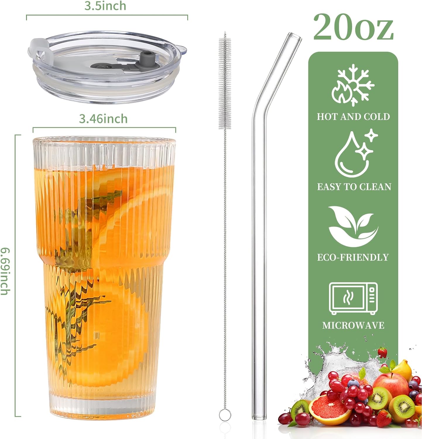 Glass Cups with Lids and Straws – 20oz Glass Tumbler with Straw and Lid, Reusable Iced Coffee Cup, Smoothie & Tea Glass, Ideal for Home, Office, Travel, 4 Pack