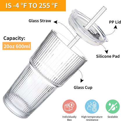 Glass Cups with Lids and Straws – 20oz Glass Tumbler with Straw and Lid, Reusable Iced Coffee Cup, Smoothie & Tea Glass, Ideal for Home, Office, Travel, 4 Pack