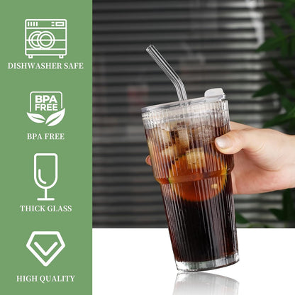 Glass Cups with Lids and Straws – 20oz Glass Tumbler with Straw and Lid, Reusable Iced Coffee Cup, Smoothie & Tea Glass, Ideal for Home, Office, Travel, 4 Pack
