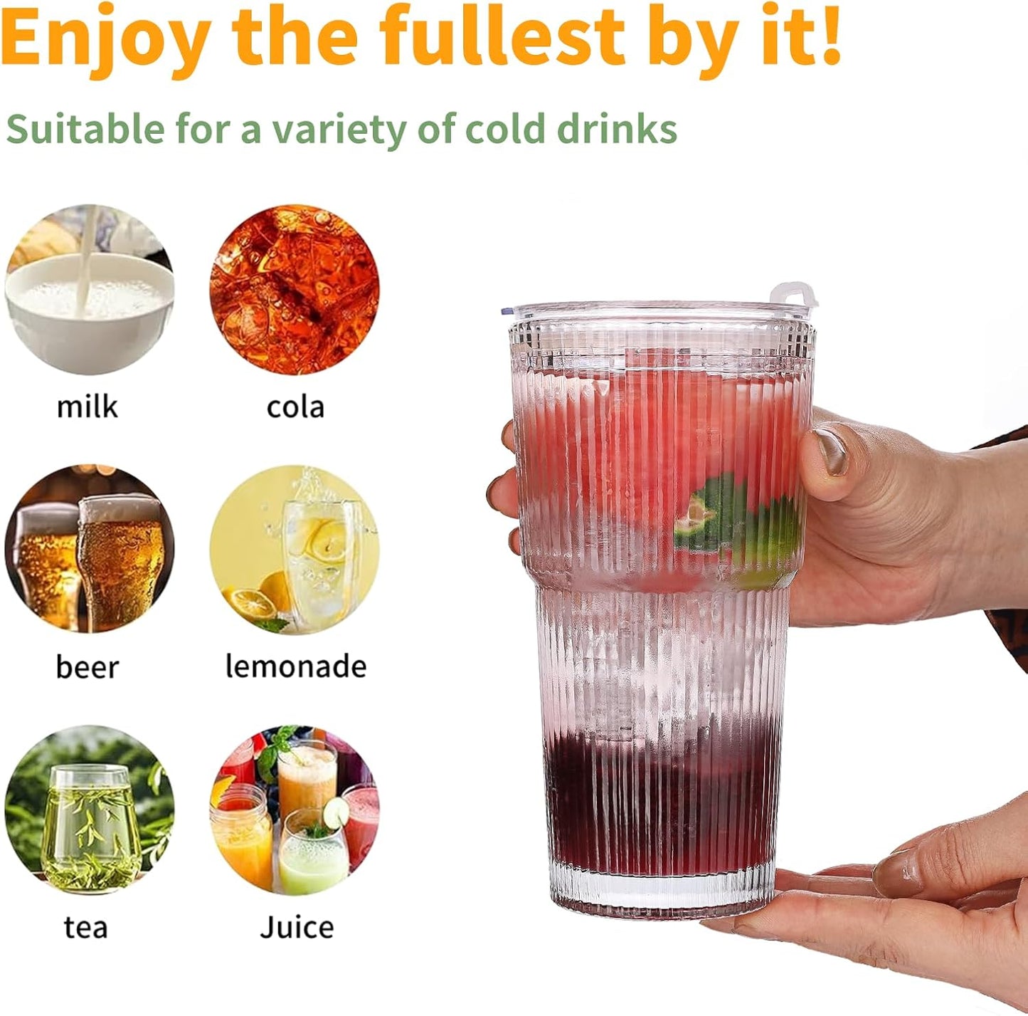 Glass Cups with Lids and Straws – 20oz Glass Tumbler with Straw and Lid, Reusable Iced Coffee Cup, Smoothie & Tea Glass, Ideal for Home, Office, Travel, 4 Pack