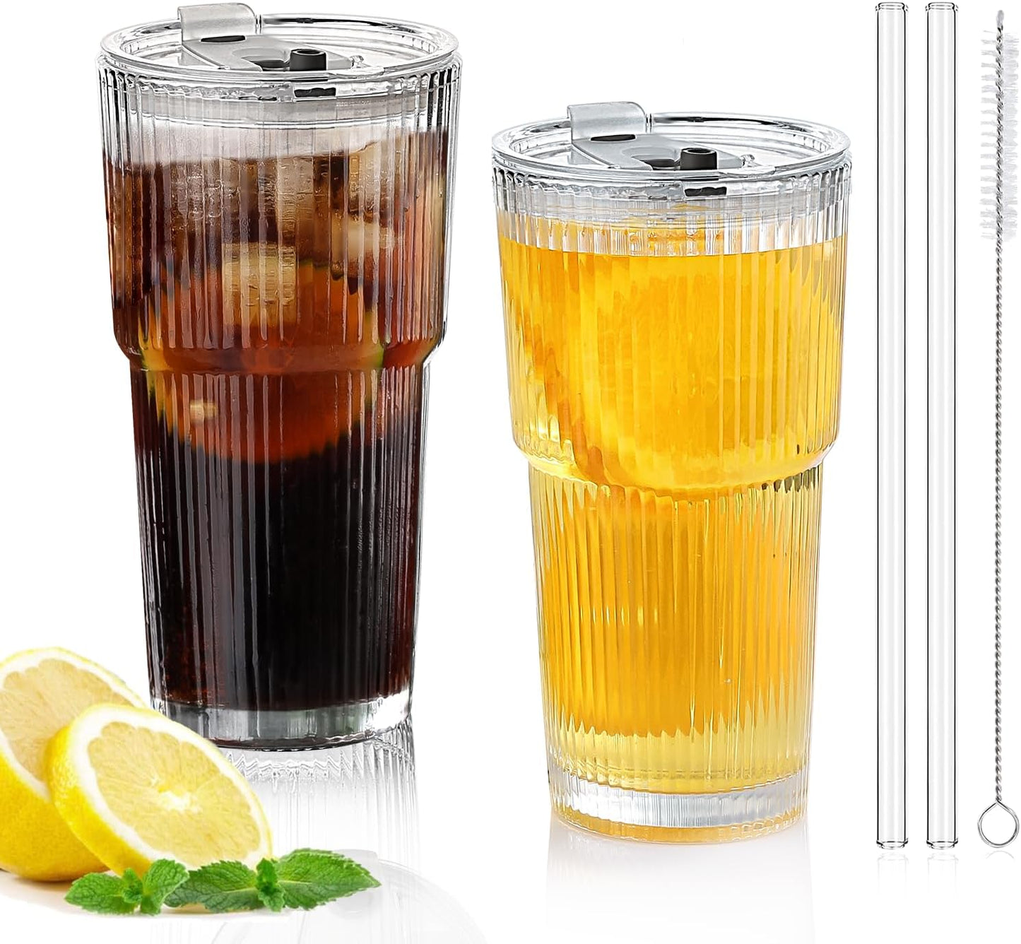 Glass Cups with Lids and Straws – 20oz Glass Tumbler with Straw and Lid, Reusable Iced Coffee Cup, Smoothie & Tea Glass, Ideal for Home, Office, Travel, 4 Pack