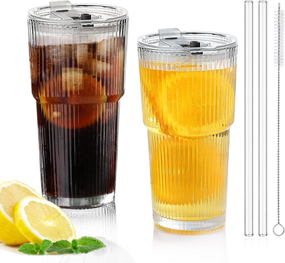 Glass Cups with Lids and Straws – 20oz Glass Tumbler with Straw and Lid, Reusable Iced Coffee Cup, Smoothie & Tea Glass, Ideal for Home, Office, Travel, 4 Pack