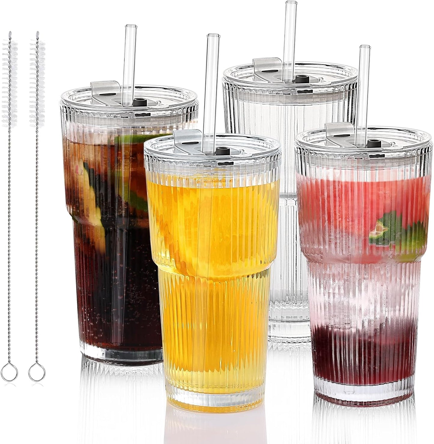 Glass Cups with Lids and Straws – 20oz Glass Tumbler with Straw and Lid, Reusable Iced Coffee Cup, Smoothie & Tea Glass, Ideal for Home, Office, Travel, 4 Pack