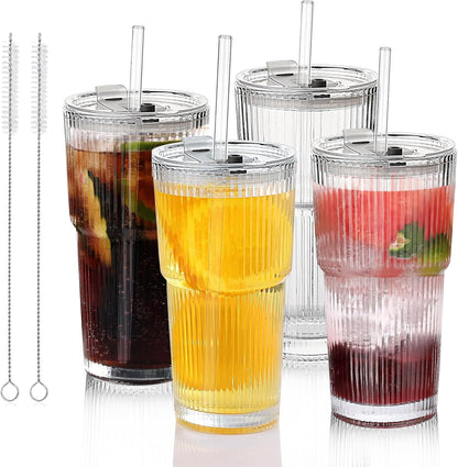 Glass Cups with Lids and Straws – 20oz Glass Tumbler with Straw and Lid, Reusable Iced Coffee Cup, Smoothie & Tea Glass, Ideal for Home, Office, Travel, 4 Pack
