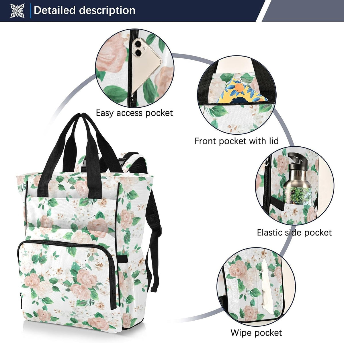 Diaper Bag Backpack, Multifunction Travel Bag for Moms Dads, Baby Changing Bag with Insulted Pockets, Stroller Straps and Side Bottle Pockets Floral Pattern