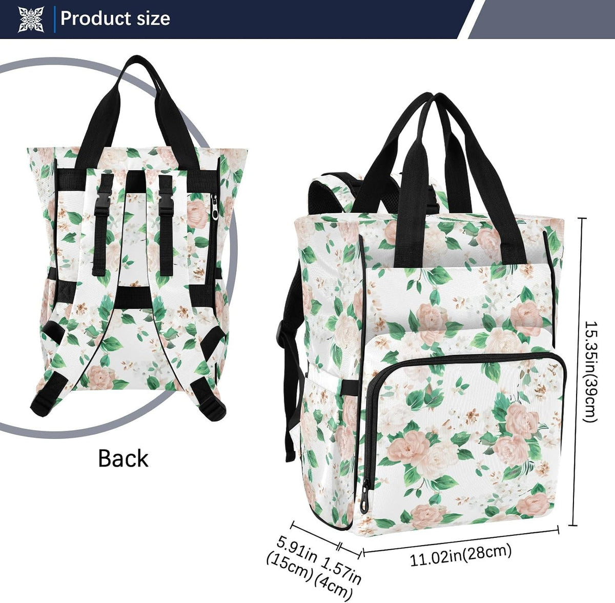 Diaper Bag Backpack, Multifunction Travel Bag for Moms Dads, Baby Changing Bag with Insulted Pockets, Stroller Straps and Side Bottle Pockets Floral Pattern