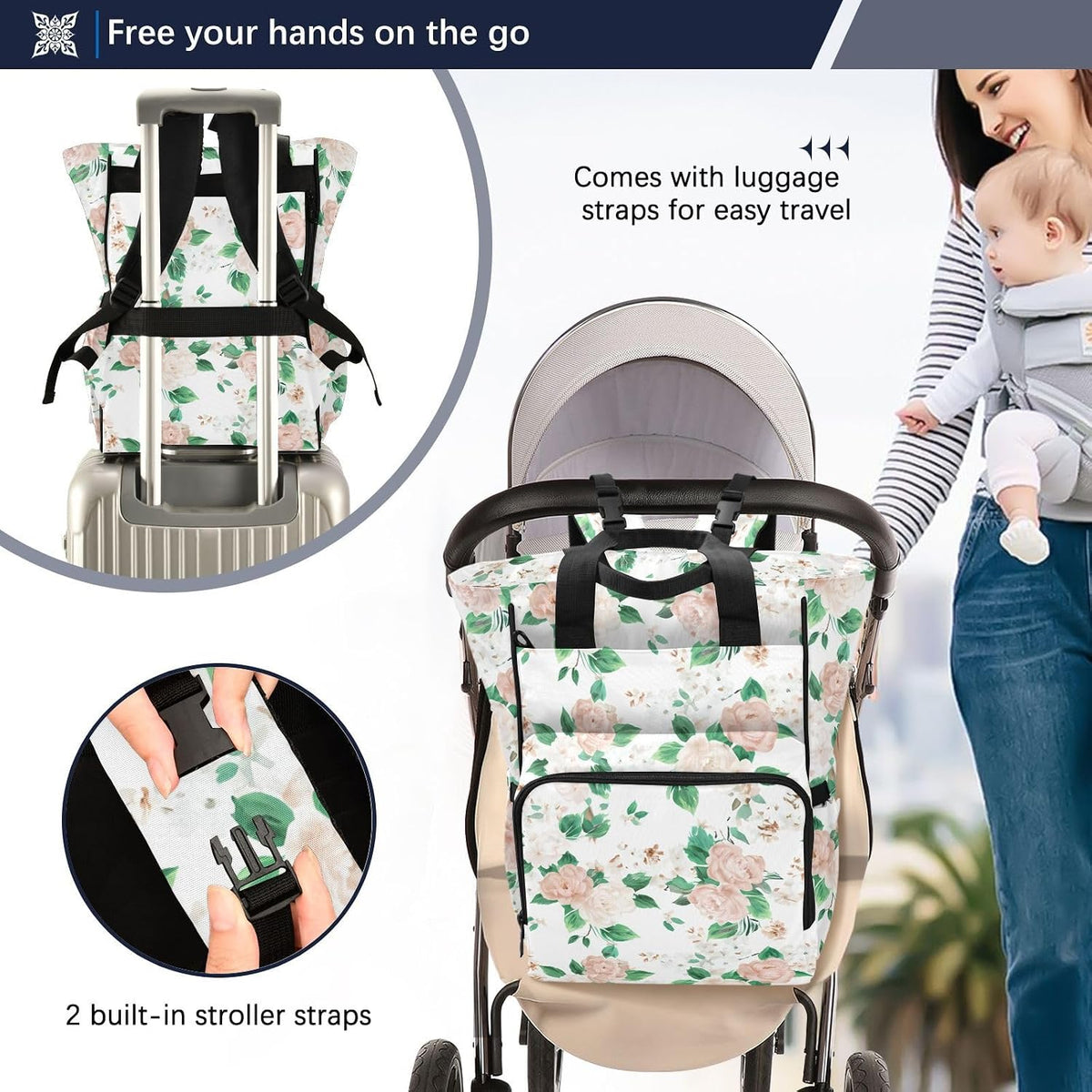 Diaper Bag Backpack, Multifunction Travel Bag for Moms Dads, Baby Changing Bag with Insulted Pockets, Stroller Straps and Side Bottle Pockets Floral Pattern