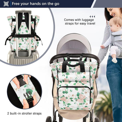 Diaper Bag Backpack, Multifunction Travel Bag for Moms Dads, Baby Changing Bag with Insulted Pockets, Stroller Straps and Side Bottle Pockets Floral Pattern