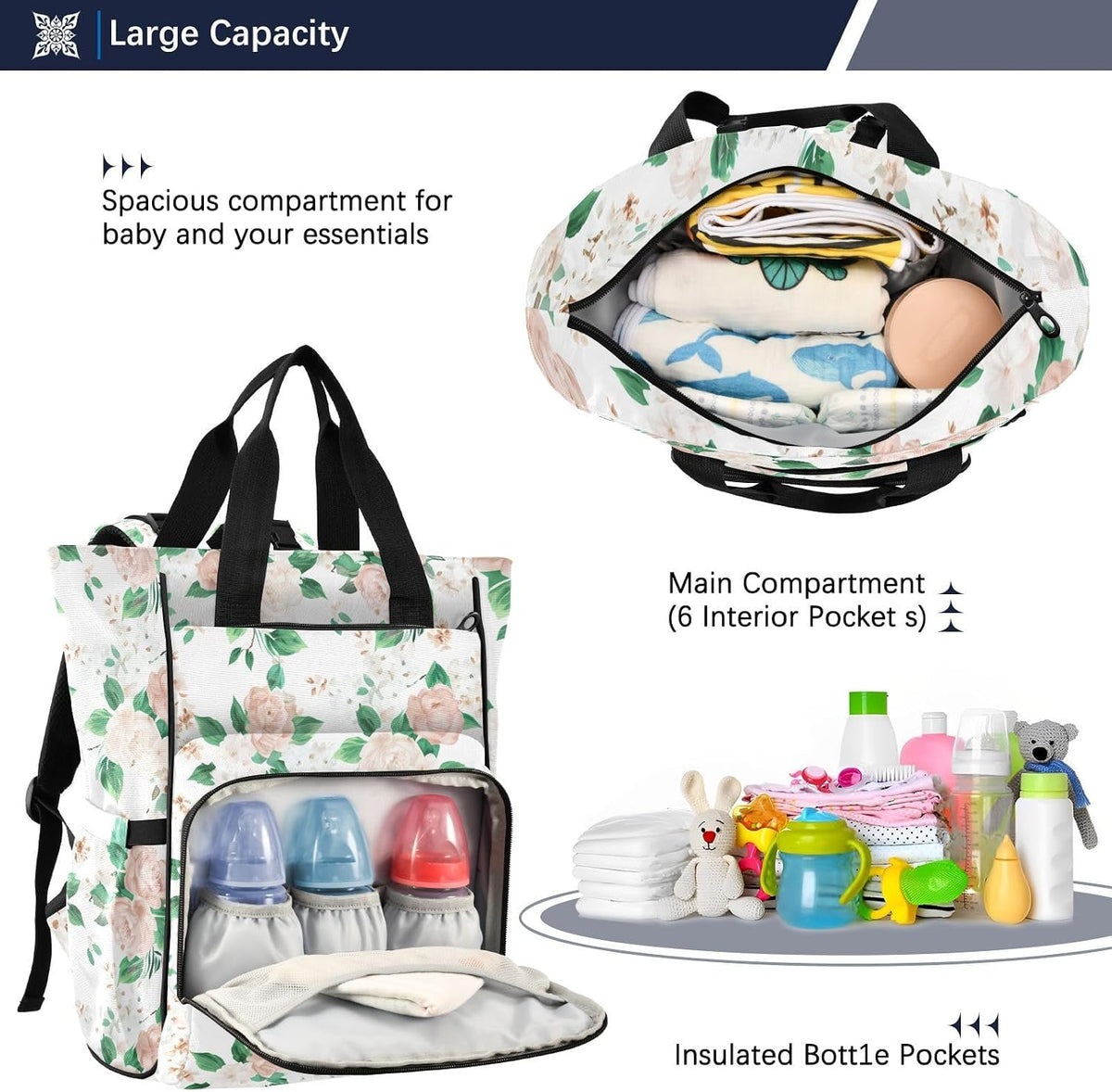 Diaper Bag Backpack, Multifunction Travel Bag for Moms Dads, Baby Changing Bag with Insulted Pockets, Stroller Straps and Side Bottle Pockets Floral Pattern