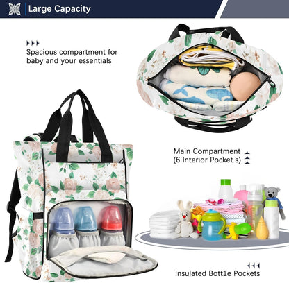 Diaper Bag Backpack, Multifunction Travel Bag for Moms Dads, Baby Changing Bag with Insulted Pockets, Stroller Straps and Side Bottle Pockets Floral Pattern